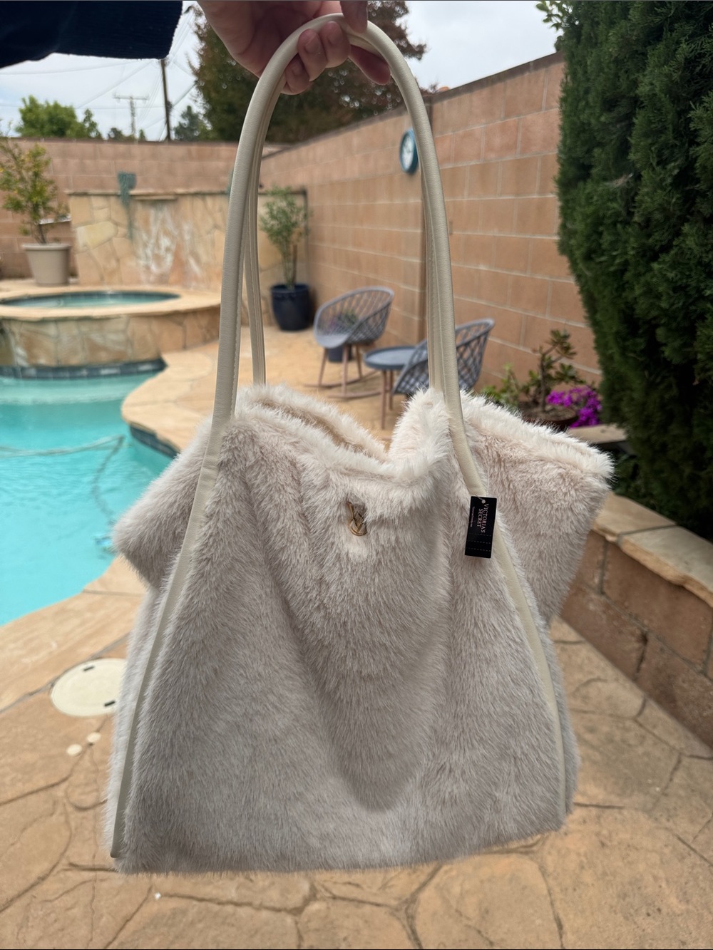 Plush Faux Fur Tote Bag in Light Beige